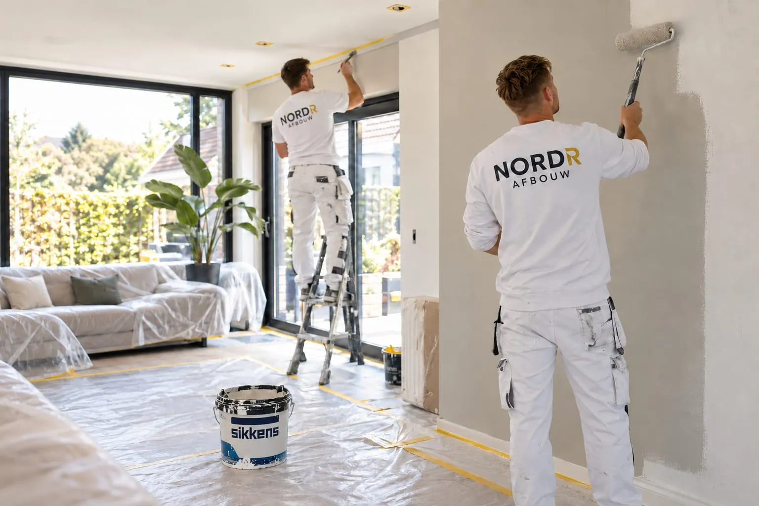 Twee schilders in NORDR Afbouw-kleding schilderen een woonkamer, de ruimte is afgeplakt en de bank afgedekt