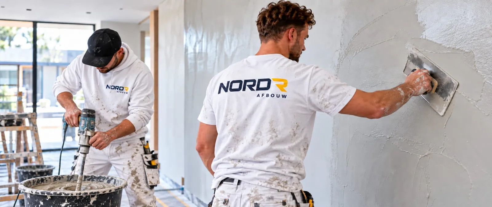 Twee stukadoors in NORDR Afbouw-kleding: één mengt stucmortel met een mixer, de ander werkt een wand af met een pleisterspaan