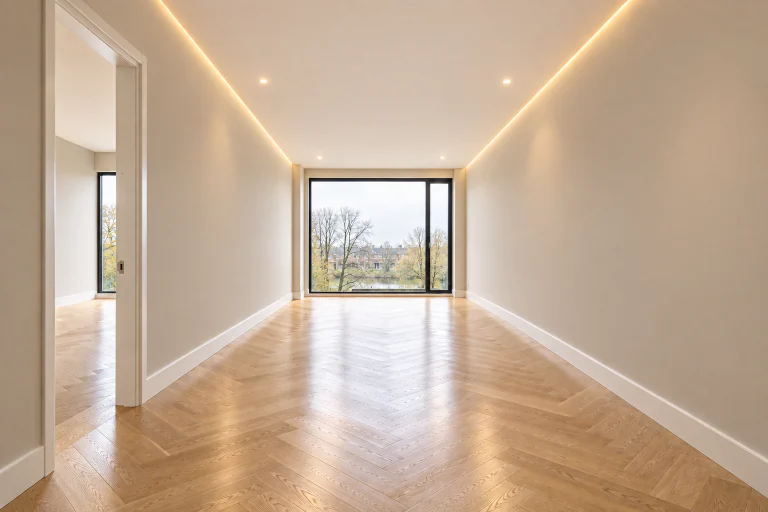 Dezelfde ruimte volledig afgewerkt met warme wandkleur, plafondspots, lichtlijn en gepolijste vloer, als sfeerimpressie van een complete afbouw.