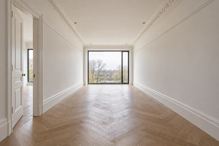 Dezelfde ruimte als gerenoveerd ouder huis met sierlijst, hoge plinten en een klassieke paneeldeur, als sfeerimpressie van renovatie.